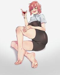 Rule 34 | 1girl, absurdres, bandaid, bandaid on knee, bandaid on leg, barefoot, bike shorts, blush, cameltoe, cleft of venus, cocktail glass, cup, drinking glass, feet, green eyes, highres, looking at viewer, medium hair, open mouth, orange hair, original, soles, toes