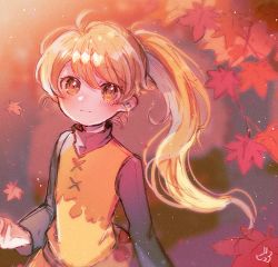 Rule 34 | 1girl, ahoge, autumn leaves, biko0205, blonde hair, blurry, blush, closed mouth, commentary request, creatures (company), floating hair, game freak, long hair, long sleeves, looking at viewer, nintendo, orange eyes, orange tunic, pokemon, pokemon adventures, ponytail, shirt, smile, solo, yellow (pokemon)