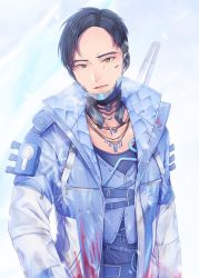 Rule 34 | animification, apex legends, black hair, blood, blood on clothes, blue jacket, blue shirt, blue vest, collarbone, crypto (apex legends), green eyes, head tilt, highres, jacket, jewelry, looking at viewer, momoirone, necklace, parted hair, shirt, smile, snowflakes, undercut, upper body, vest