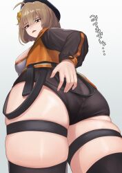 Rule 34 | 1girl, ahoge, anis (nikke), artist request, ass, ass focus, ass grab, beret, black eyes, breasts, brown hair, deep skin, from behind, from below, frown, goddess of victory: nikke, hair ornament, hairclip, hand on own ass, hat, highres, huge ass, jacket, large breasts, looking at viewer, looking down, mikamata, open mouth, shiny skin, short hair, short shorts, shorts, sideboob, skindentation, solo, thick thighs, thighhighs, thighs, translation request