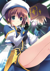Rule 34 | 00s, 1girl, beret, book, brown hair, floating, floating book, floating object, gold trim, hair ornament, hat, kneepits, kouzuki hajime, lyrical nanoha, mahou shoujo lyrical nanoha, mahou shoujo lyrical nanoha a&#039;s, short hair, solo, tome of the night sky, white hat, x hair ornament, yagami hayate