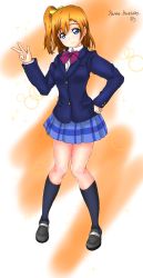 Rule 34 | 1girl, 998rr, artist name, artist request, bare legs, black footwear, black legwear, blue cardigan, blue eyes, blue jacket, blue skirt, blush, bow, bowtie, breasts, cardigan, checkered clothes, checkered skirt, collared shirt, female focus, full body, hair between eyes, hair bow, hand on own hip, highres, jacket, kosaka honoka, long sleeves, looking at viewer, love live!, love live! school idol project, miniskirt, orange hair, otonokizaka school uniform, parted lips, plaid, plaid skirt, pleated, pleated skirt, red bow, school uniform, shirt, shoes, side ponytail, skirt, small breasts, smile, solo, standing, striped, striped bow, white shirt, yellow bow