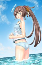 Rule 34 | 1girl, absurdres, artist name, ass, bad id, bad twitter id, bikini, bikini bottom only, blue bikini, blue eyes, blue sky, breasts, brown hair, camisole, character name, cloud, day, from behind, hair ribbon, highres, horizon, kantai collection, kazagumo (kancolle), long hair, looking at viewer, looking back, notchi, ocean, open mouth, outdoors, ponytail, ribbon, sky, small breasts, solo, surprised, swimsuit, twitter username, water