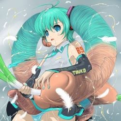 Rule 34 | 00s, 1girl, blue hair, cum, feathers, futanari, hair penis, hatsune miku, huge penis, necktie, object insertion, panties, penis, penis hair, solo, sounding, spring onion, striped clothes, striped panties, twintails, underwear, urethral insertion, vocaloid, what