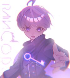Rule 34 | 1boy, ahoge, blue jacket, chromatic aberration, commentary, copyright name, english commentary, foreshortening, glowing, highres, jacket, key, long sleeves, looking at viewer, male focus, master detective archives: rain code, open mouth, outstretched arm, purple eyes, purple hair, rize (rize0420), serious, short hair, solo, upper body, white background, yuma kokohead