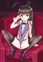 Rule 34 | 1girl, absurdres, animal ears, black thighhighs, breasts, brown eyes, brown hair, focke wulf, full body, high heels, highres, leotard, looking at viewer, original, playboy bunny, purple footwear, rabbit ears, rabbit tail, revealing clothes, scan, small breasts, solo, tail, thighhighs, v, wrist cuffs
