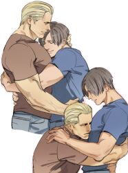 Rule 34 | 2boys, blonde hair, blue eyes, blue shirt, brown hair, closed eyes, closed mouth, denim, highres, hug, jack krauser, jeans, large pectorals, leon s. kennedy, light smile, male focus, multiple boys, muscular, non-web source, pants, pectorals, red shirt, resident evil, shirt, tatsumi (psmhbpiuczn), veins