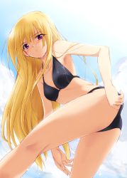 Rule 34 | 1girl, absurdres, adjusting clothes, adjusting swimsuit, bikini, black bikini, blonde hair, christie (fifteen hounds), fifteen hounds, foreshortening, has bad revision, has downscaled revision, highres, kaiga, kneepits, long hair, md5 mismatch, purple eyes, resolution mismatch, solo, source smaller, swimsuit, wet