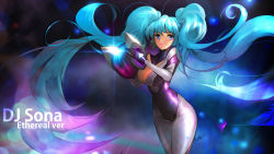 Rule 34 | 1girl, blue eyes, blue hair, bodysuit, breasts, character name, cleavage, dj sona, english text, highres, large breasts, league of legends, long hair, nal (nal&#039;s pudding), solo, sona (league of legends), text focus, twintails, wallpaper