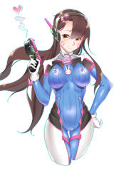 Rule 34 | 1girl, bodysuit, breasts, brown eyes, brown hair, covered erect nipples, covered navel, cowboy shot, d.va (overwatch), facial mark, finger on trigger, gloves, gun, hand on own hip, handgun, headphones, heart, holding, holding gun, holding weapon, large breasts, light smile, long hair, looking at viewer, overwatch, overwatch 1, pilot suit, pistol, qing lan, simple background, smoke, solo, thigh gap, weapon, whisker markings, white background, white gloves