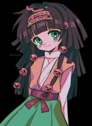 Rule 34 | 1boy, alluka zoldyck, arms behind back, black background, blue eyes, blunt bangs, blush, brown hair, closed mouth, hairband, highres, hunter x hunter, japanese clothes, long hair, long sleeves, looking at viewer, male focus, menma (enaic31), simple background, smile, smiley face, solo, trap, twitter username