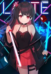 Rule 34 | 1girl, bad id, bad pixiv id, bar censor, bare shoulders, beat saber, black camisole, black hair, black jacket, camisole, censored, closed mouth, collar, collarbone, colored inner hair, cowboy shot, dolphenry, hair ornament, halterneck, heart collar, highres, indie virtual youtuber, jacket, koucha latte, long hair, looking at viewer, miniskirt, multicolored hair, off shoulder, one side up, pleated skirt, rabbit hair ornament, red eyes, red hair, red skirt, skirt, smile, solo, spaghetti strap, swept bangs, thigh strap, virtual youtuber