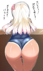 Rule 34 | 10s, 1girl, ass, blonde hair, flower, from behind, hair flower, hair ornament, hibiscus, huge ass, kantai collection, long hair, one-piece swimsuit, ro-500 (kancolle), solo, swimsuit, tan, tanline, tenken (gotannda), translated, wide hips