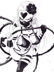 Rule 34 | 1girl, aetherion, bikini, black flower, black rose, black sclera, bondage outfit, breasts, collar, colored sclera, dominatrix, flower, greyscale, groin, hair flower, hair ornament, half-closed eyes, heart, holding, holding whip, kaijin hime do-s, large breasts, long hair, mask, monochrome, mouth mask, o-ring, o-ring bikini, one-punch man, rose, simple background, solo, spiked collar, spikes, thighhighs, whip, white background