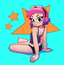 Rule 34 | 1girl, arm support, ass, barefoot, black eyes, black panties, breasts, camisole, closed mouth, colored tips, commentary, english commentary, fattcactus, from behind, full body, goggles, goggles on head, gradient background, highres, looking at viewer, multicolored hair, panties, pink hair, purple camisole, purple hair, ramona flowers, scott pilgrim (series), scott pilgrim takes off, short hair, small breasts, solo, star (symbol), toes, underwear, underwear only