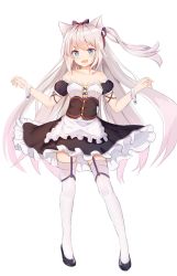 Rule 34 | 1girl, :d, animal ears, apron, azur lane, bare shoulders, black bow, black dress, black footwear, blue eyes, blush, bow, breasts, cat ears, collarbone, detached sleeves, dress, fang, frilled apron, frills, full body, hair bow, hammann (azur lane), hands up, high heels, highres, legs apart, long hair, medium breasts, mobu (wddtfy61), one side up, open mouth, puffy short sleeves, puffy sleeves, shoes, short sleeves, sidelocks, silver hair, simple background, skindentation, smile, solo, standing, star (symbol), strapless, strapless dress, thighhighs, very long hair, waist apron, white apron, white background, white thighhighs, wrist cuffs