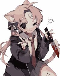 Rule 34 | &gt; o, 1girl, :3, :d, animal ears, black bow, black jacket, black skirt, blood, blood on leg, bloody knife, blush stickers, bow, cat ears, cat tail, double v, gauze, hair bow, holding, holding knife, jacket, kmnk (kumanuko), knife, looking at viewer, necktie, one eye closed, open mouth, original, pink eyes, pink hair, red necktie, skirt, smile, solo, star (symbol), tail, v