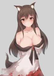 Rule 34 | 1girl, animal ears, blush, breasts, brooch, brown hair, cleavage, collarbone, dress, grey background, imaizumi kagerou, jewelry, large breasts, long sleeves, looking at viewer, nail polish, off shoulder, red eyes, red nails, repoi, simple background, solo, tail, torn clothes, touhou, wide sleeves, wolf ears, wolf tail