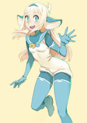 Rule 34 | 1girl, bakara, blonde hair, blue eyes, dofus, gloves, highres, huppermage, long hair, looking at viewer, open mouth, pointy ears, simple background, smile, solo, thighs, wakfu, xaxaxa, yellow background