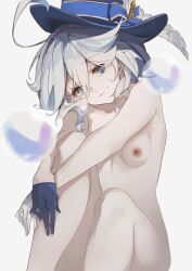 Rule 34 | 1girl, absurdres, asymmetrical gloves, blue eyes, blue gloves, blue hair, blue hat, blurry, breasts, closed mouth, commentary, completely nude, cowlick, depth of field, furina (genshin impact), genshin impact, gloves, hat, head tilt, highres, living doll, looking at viewer, multicolored hair, nipples, nude, short hair, simple background, sitting, small breasts, smile, solo, streaked hair, top hat, white background, white gloves, white hair
