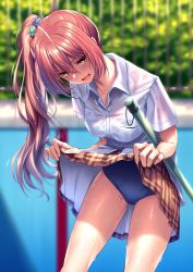 Rule 34 | 1girl, blush, breasts, brown eyes, brown skirt, clothes lift, collared shirt, commentary request, cowboy shot, empty pool, hair between eyes, hair ornament, highres, lifting own clothes, long hair, medium breasts, mop, original, pink hair, piromizu, plaid, plaid skirt, ponytail, pool, school swimsuit, school uniform, see-through, shirt, side ponytail, skirt, skirt lift, solo, swimsuit, swimsuit under clothes, thighs, wet, wet clothes, white shirt