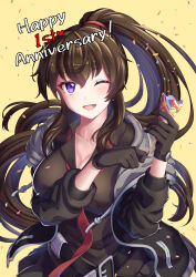 Rule 34 | 1girl, ;d, absurdres, anniversary, belt, black gloves, black jacket, black shirt, black skirt, breasts, brown hair, cleavage, collarbone, commentary, confetti, counter:side, drawstring, emoji, english text, floating hair, gloves, hair between eyes, hands up, highres, jacket, large breasts, light blush, long hair, long sleeves, looking at viewer, loose belt, necktie, one eye closed, open clothes, open jacket, open mouth, party popper, ponytail, purple eyes, shirt, sidelocks, skirt, smile, solo, upper body, very long hair, watch, wristwatch, yellow background, yokoshimahama, yoo mina