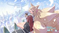 Rule 34 | 1girl, :d, animal ears, bag, black dress, blue eyes, blue sky, building, cloud, cloudy sky, commission, cup, day, disposable cup, dress, drinking straw, fang, fox ears, fox girl, fox tail, hair between eyes, holding, holding cup, kazana (sakuto), kitsune, kneehighs, long sleeves, loose socks, open mouth, original, outdoors, pleated dress, puffy long sleeves, puffy sleeves, red shirt, sailor collar, school bag, shirt, sitting, skeb commission, sky, sleeves past wrists, smile, socks, solo, tail, thank you, tower, white sailor collar, white socks