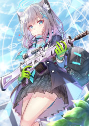 Rule 34 | 1girl, :o, animal ears, assault rifle, bag, black jacket, black skirt, blue archive, blue eyes, blue scarf, blue sky, cloud, cloudy sky, gloves, green gloves, grey hair, gun, hair ornament, hairpin, halo, heart, highres, holding, holding gun, holding weapon, jacket, looking at viewer, medium hair, open mouth, outdoors, rifle, scarf, school uniform, shiroko (blue archive), shoulder bag, sig sauer 556, sketch, skirt, sky, tenton (henatyo), unfinished, weapon, white legwear