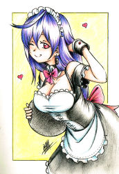 Rule 34 | 10s, 1girl, alternate costume, apron, blue hair, blush, breasts, cleavage, enmaided, heart, highres, iris heart, isaki tanaka, long hair, looking at viewer, maid, maid apron, maid headdress, neptune (series), one eye closed, pururut, red eyes, smile, solo, symbol-shaped pupils, very long hair