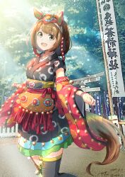 Rule 34 | 1girl, alternate costume, animal ears, banner, breasts, brown eyes, brown hair, commentary request, detached sleeves, forest, hair between eyes, hair ornament, horse ears, horse girl, horse tail, ichiha t, iwate prefecture, japanese clothes, looking at viewer, medium breasts, medium hair, nature, sandals, solo, tail, thighhighs, umamusume, yukino bijin (umamusume), zouri