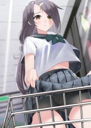 Rule 34 | 1girl, azur lane, bike shorts, bike shorts under skirt, black hair, cassin (azur lane), cassin (shopping carte blanche) (azur lane), closed mouth, clothes lift, convenience store, dutch angle, from below, frown, hair ornament, hairclip, heterochromia, lifted by self, looking at viewer, medium hair, midriff peek, official alternate costume, ootani nonno, orange eyes, ponytail, sailor collar, school uniform, serafuku, shirt, shop, shopping cart, short shorts, short sleeves, shorts, skirt, skirt lift, solo, swept bangs, white shirt, yellow eyes