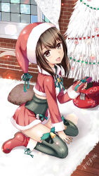 Rule 34 | 10s, 1girl, :d, adapted costume, alternate costume, artist name, blush, brown eyes, brown hair, christmas, christmas tree, cropped jacket, dress, gift, hat, hexagon, highres, holding, holding gift, indoors, kantai collection, lens flare, long sleeves, looking at viewer, matching hair/eyes, omoomomo, open mouth, santa costume, santa hat, short dress, short hair with long locks, signature, sitting, smile, solo, taihou (kancolle), wariza, wooden floor