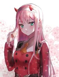 Rule 34 | 1girl, berrypop, breasts, cherry blossoms, closed mouth, commentary, darling in the franxx, fingernails, floral background, green eyes, hair over shoulder, hairband, hand in own hair, hand up, heart, horns, light blush, long hair, long sleeves, looking at viewer, medium breasts, military uniform, necktie, oni horns, orange necktie, pink hair, red horns, red uniform, signature, solo, uniform, white background, white hairband, zero two (darling in the franxx)