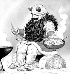 Rule 34 | 1boy, beard, dungeon meshi, facial hair, fake horns, giving, greyscale, hatching (texture), helmet, highres, holding, holding ladle, horned helmet, horns, ladle, long beard, looking at viewer, male focus, monochrome, mustache, pot, sandals, senshi (dungeon meshi), sitting, solo, thick mustache, y naf