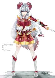 Rule 34 | 1girl, absurdres, alternate costume, armor, artist name, boots, bow, closed mouth, colored tips, commentary request, english text, feathers, fujiwara no mokou, full body, grey hair, hair bow, highres, japanese armor, kotatsu, kusazuri, long hair, looking at viewer, low-tied long hair, multicolored hair, red bow, red eyes, sample watermark, shoulder armor, simple background, smile, sode, solo, standing, table, tadie (innovation1998), thighhighs, touhou, watermark, white background, white thighhighs