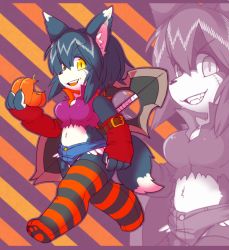 Rule 34 | 1girl, apple, blue hair, dog, eating, food, fruit, furry, furry female, gut (orange=rythm), open mouth, short hair, solo, striped clothes, striped thighhighs, thighhighs, yellow eyes
