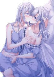 Rule 34 | 2girls, alternate hairstyle, bed sheet, blue eyes, blush, grabbing another&#039;s breast, breasts, breath, cleavage, covered erect nipples, crotch grab, dated, eye contact, french kiss, fuyutsuki (kancolle), grabbing, grey hair, hair between eyes, hair down, highres, kabocha torute, kantai collection, kiss, large breasts, long hair, looking at another, lying, multiple girls, on back, pajamas, pillow, simple background, suzutsuki (kancolle), twitter username, very long hair, white background, yuri