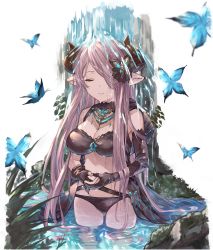 Rule 34 | 1girl, asymmetrical gloves, ayacho, bikini, black bikini, black gloves, braid, breasts, demon horns, draph, closed eyes, gloves, granblue fantasy, hair over one eye, highres, horns, large breasts, light purple hair, long hair, low tied hair, narmaya (granblue fantasy), narmaya (the black butterfly) (granblue fantasy), own hands together, partially submerged, pointy ears, purple hair, single braid, solo, swimsuit, uneven gloves, water, waterfall