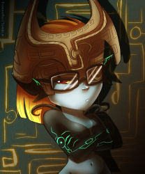 Rule 34 | 1girl, alternate hair length, alternate hairstyle, bespectacled, colored sclera, crossed arms, glasses, helmet, highres, long hair, midna, navel, neon trim, nintendo, one eye covered, orange hair, pointy ears, ponytail, red eyes, solo, the legend of zelda, the legend of zelda: twilight princess, tiuana rui, yellow sclera