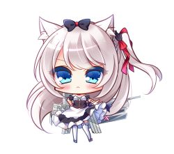 Rule 34 | 1girl, :&lt;, absurdly long hair, animal ears, apron, azur lane, bare shoulders, big head, black bow, black dress, black thighhighs, blue eyes, blush, bow, cat ears, cat hair ornament, chibi, closed mouth, commentary request, detached sleeves, dress, frilled dress, frills, full body, hair bow, hair ornament, hair ribbon, hammann (azur lane), hand on own hip, long hair, one side up, outstretched arm, puffy short sleeves, puffy sleeves, red ribbon, remodel (azur lane), ribbon, ryuuka sane, short sleeves, silver hair, simple background, solo, standing, strapless, strapless dress, thighhighs, very long hair, waist apron, white apron, white background