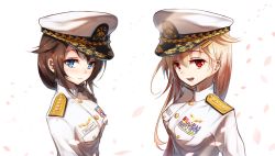 Rule 34 | 2girls, admiral (kancolle), admiral (kancolle) (cosplay), artist request, blonde hair, blue eyes, braid, breast pocket, breasts, brown eyes, cosplay, epaulettes, female admiral (kancolle), gold trim, hair flaps, hair ornament, hairclip, hat, kantai collection, large breasts, long hair, looking at viewer, medal, military, military uniform, multiple girls, peaked cap, petals, pocket, red eyes, shigure (kancolle), simple background, single braid, star (symbol), third-party source, uniform, white background, white uniform, yuudachi (kancolle)