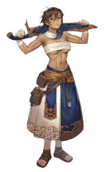 Rule 34 | 1girl, absurdres, bare shoulders, belt pouch, blue skirt, breasts, brown eyes, brown hair, carrying over shoulder, chest sarashi, closed mouth, detached collar, full body, hair between eyes, hand wraps, hands up, highres, holding, holding sword, holding weapon, medium breasts, mouth hold, navel, no shirt, original, pouch, print skirt, ruedus 21, sandals, sarashi, sash, sheath, sheathed, short hair, simple background, skirt, solo, stalk in mouth, standing, sword, toned, two-tone skirt, underboob, weapon, white background, white skirt