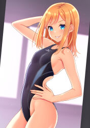 Rule 34 | 1girl, black one-piece swimsuit, blue eyes, breasts, competition swimsuit, covered navel, dutch angle, hand on own hip, highleg, highleg swimsuit, highres, kuri (kurigohan), looking at viewer, medium hair, mizuno (brand), one-piece swimsuit, orange hair, original, parted lips, small breasts, smile, solo, swimsuit, v-shaped eyebrows