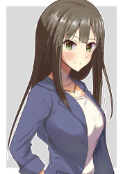 1girl black_hair blue_jacket blush border breasts green_eyes highres idolmaster idolmaster_cinderella_girls jacket jewelry light_smile long_hair long_sleeves looking_at_viewer medium_breasts necklace shibuya_rin shirt simple_background solo straight_hair syugoumiso very_long_hair white_border white_shirt