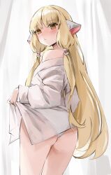 Rule 34 | 1girl, ass, bare shoulders, blonde hair, blush, chii, chobits, closed mouth, clothes lift, flashing, from behind, hair tubes, highres, lifted by self, looking at viewer, looking back, nakony, off shoulder, panties, robot ears, shirt, shirt lift, solo, thighs, underwear, wedgie, white panties, white shirt, yellow eyes