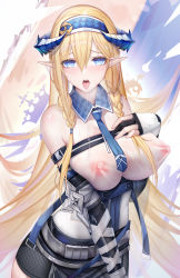 Rule 34 | 1girl, absurdres, arknights, bad id, bad pixiv id, bare shoulders, belt, binggong asylum, black skirt, blonde hair, blue eyes, blue hairband, blue necktie, blush, braid, breasts, covered erect nipples, cowboy shot, detached collar, dragon horns, drooling, elbow pads, flag, gloves, hair between eyes, hairband, hand on own chest, heavy breathing, highres, horns, large breasts, looking at viewer, miniskirt, necktie, nipples, open mouth, partially fingerless gloves, pointy ears, saileach (arknights), saliva, see-through, skirt, solo, tongue, tongue out, twin braids, underbust, white gloves