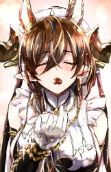 Rule 34 | animal ears, beckoning, blush, breasts, brown hair, candy, chocolate, chocolate heart, closed eyes, detached sleeves, extra ears, food, frilled sleeves, frills, galleon (granblue fantasy), gloves, granblue fantasy, heart, highres, horns, incoming food, incoming kiss, large breasts, long hair, multicolored hair, pointy ears, sideboob, solo, streaked hair, user vwrk4882, very long hair, white gloves