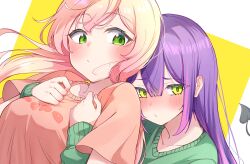 Rule 34 | 2girls, absurdres, blonde hair, blush, closed mouth, commentary request, demon tail, gradient hair, green eyes, green sweater, hair between eyes, highres, hololive, hug, long hair, momosuzu nene, multicolored hair, multiple girls, official alternate costume, okome 0628, orange shirt, pink hair, purple hair, shirt, short sleeves, sidelocks, simple background, streaked hair, sweater, tail, tokoyami towa, two-tone background, upper body, virtual youtuber, white background, yellow background, yuri