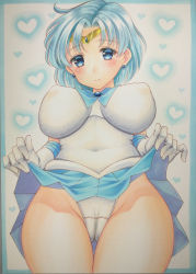 Rule 34 | 1girl, absurdres, bishoujo senshi sailor moon, blue eyes, blue hair, blue skirt, breasts, circlet, clothes lift, earrings, gloves, gluteal fold, heart, highres, jewelry, kumaccyo, large breasts, looking down, marker (medium), mizuno ami, night, outside border, panties, sailor mercury, school uniform, short hair, skirt, skirt lift, smile, solo, thighs, traditional media, underwear, white background, white panties