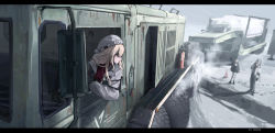 Rule 34 | 3girls, blonde hair, chinese commentary, coat, commentary request, fire extinguisher, grey sky, haguruma c, highres, knit hat, letterboxed, long hair, maz-537, military, military truck, military vehicle, motor vehicle, multiple girls, original, red sweater, semi truck, side-view mirror, sky, snow, sweater, tank truck, traffic cone, trailer, truck, viveka (haguruma c), winter clothes, winter coat